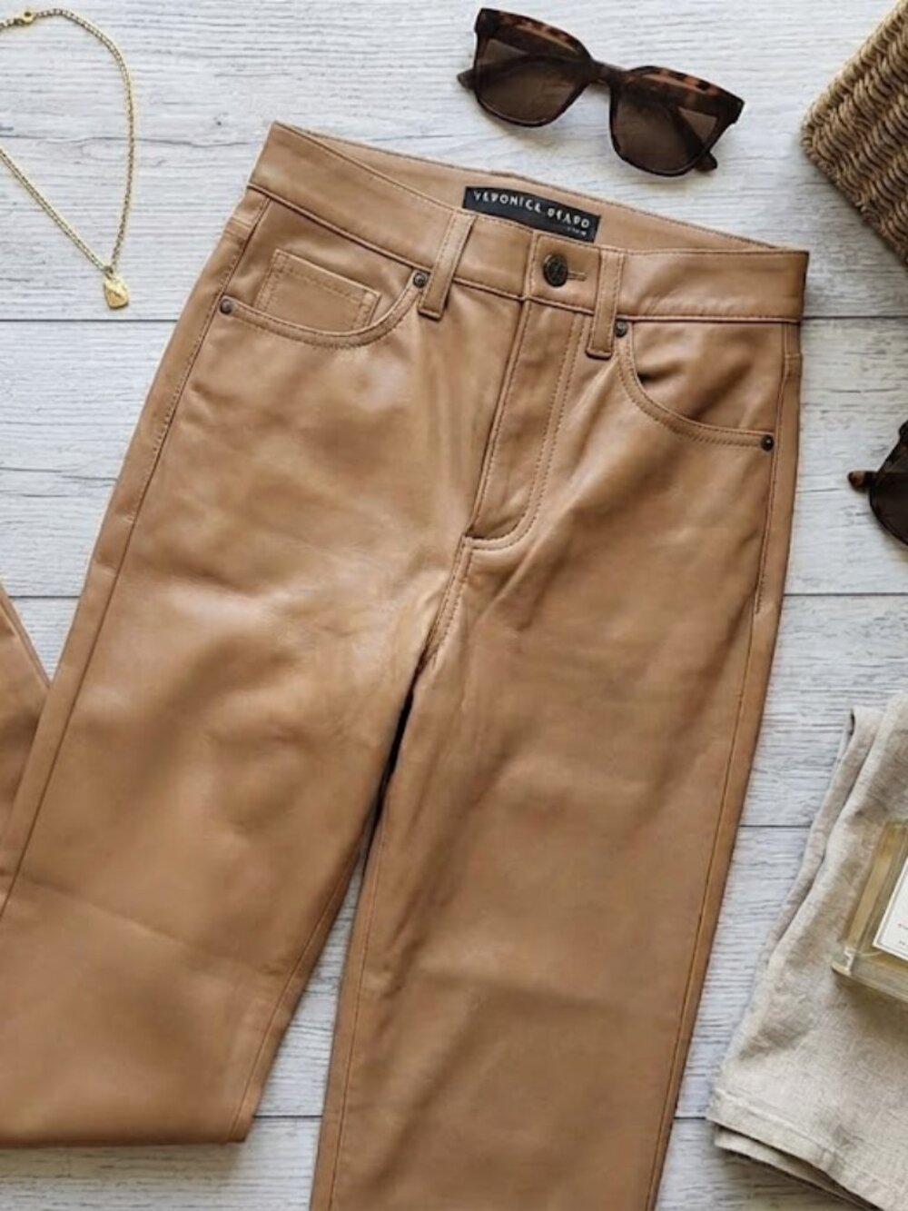 Veronica Beard Camel Stretch premium vegan leather straight-leg pants size 25